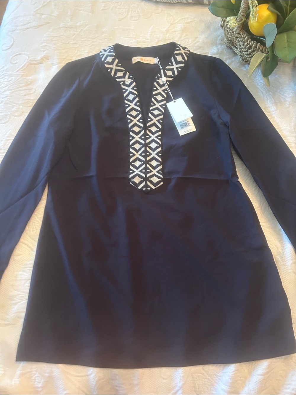 Tory Burch Black Tunic with White Geometric Trim